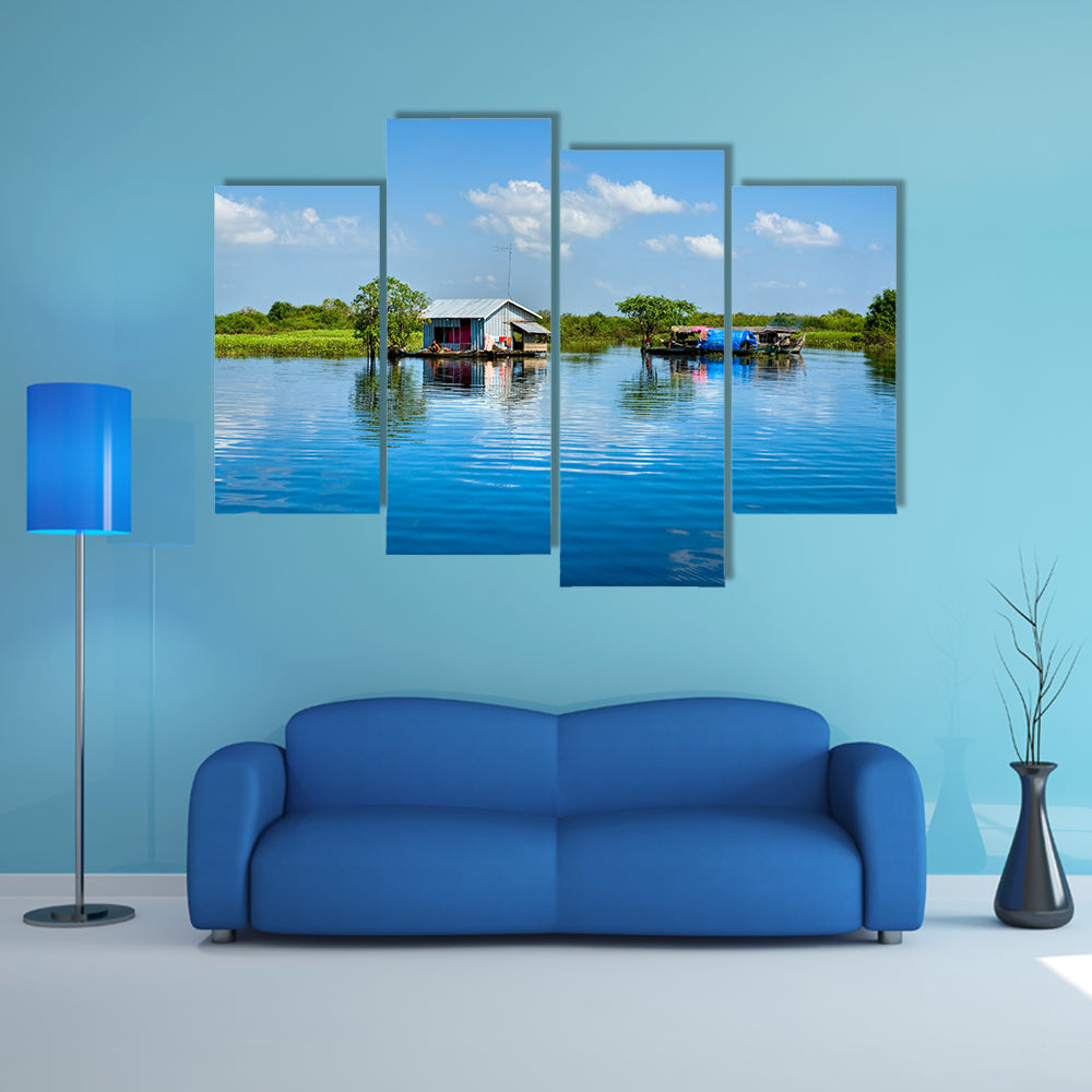 Floating House and Houseboat on the Tonle Sap Lake, multi panel canvas wall art