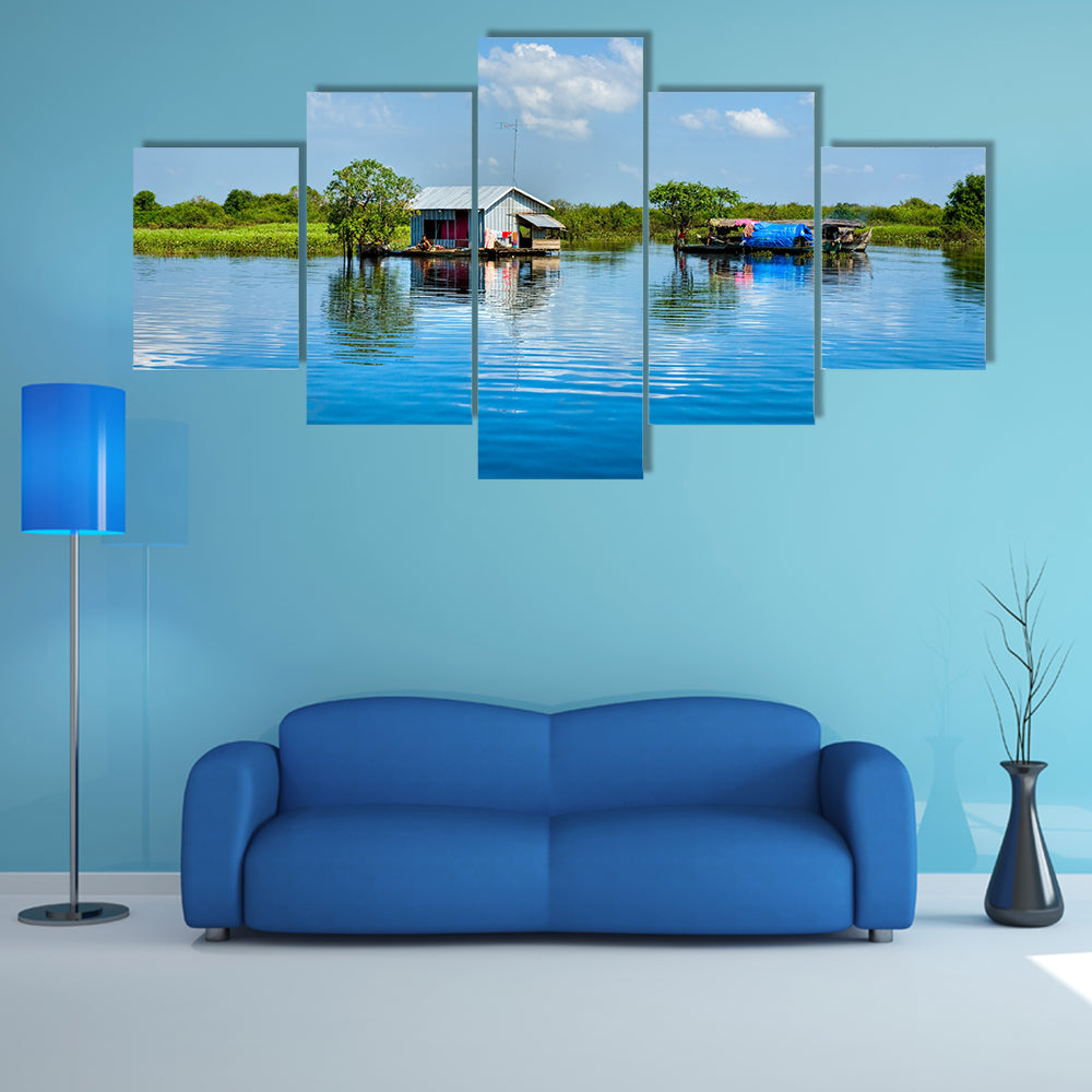 Floating House and Houseboat on the Tonle Sap Lake, multi panel canvas wall art