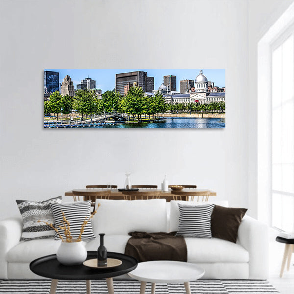 Downtown Montreal behind a lake panoramic canvas wall art