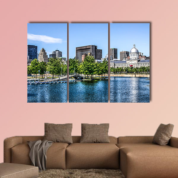 Downtown Montreal behind a lake Multi panel canvas wall art