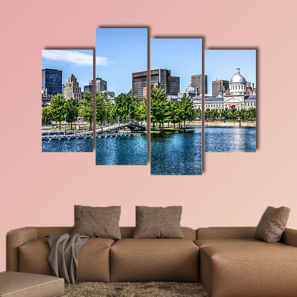 Downtown Montreal behind a lake multi panel canvas wall art