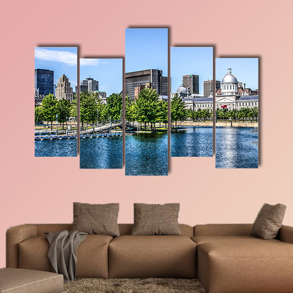 Downtown Montreal behind a lake Multi panel canvas wall art