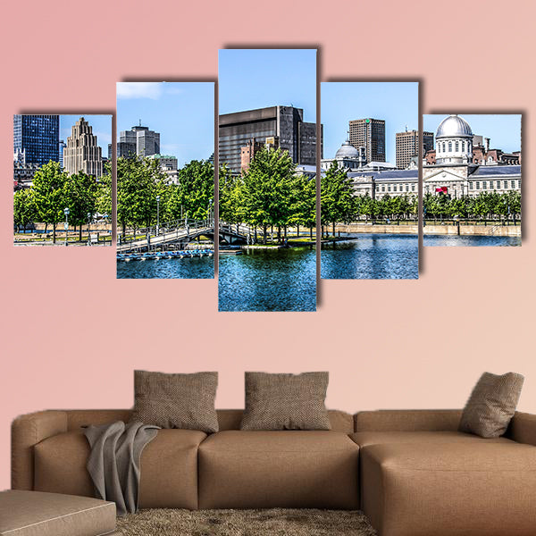 Downtown Montreal behind a lake multi panel canvas wall art