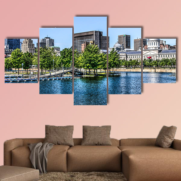 Downtown Montreal behind a lake Multi panel canvas wall art