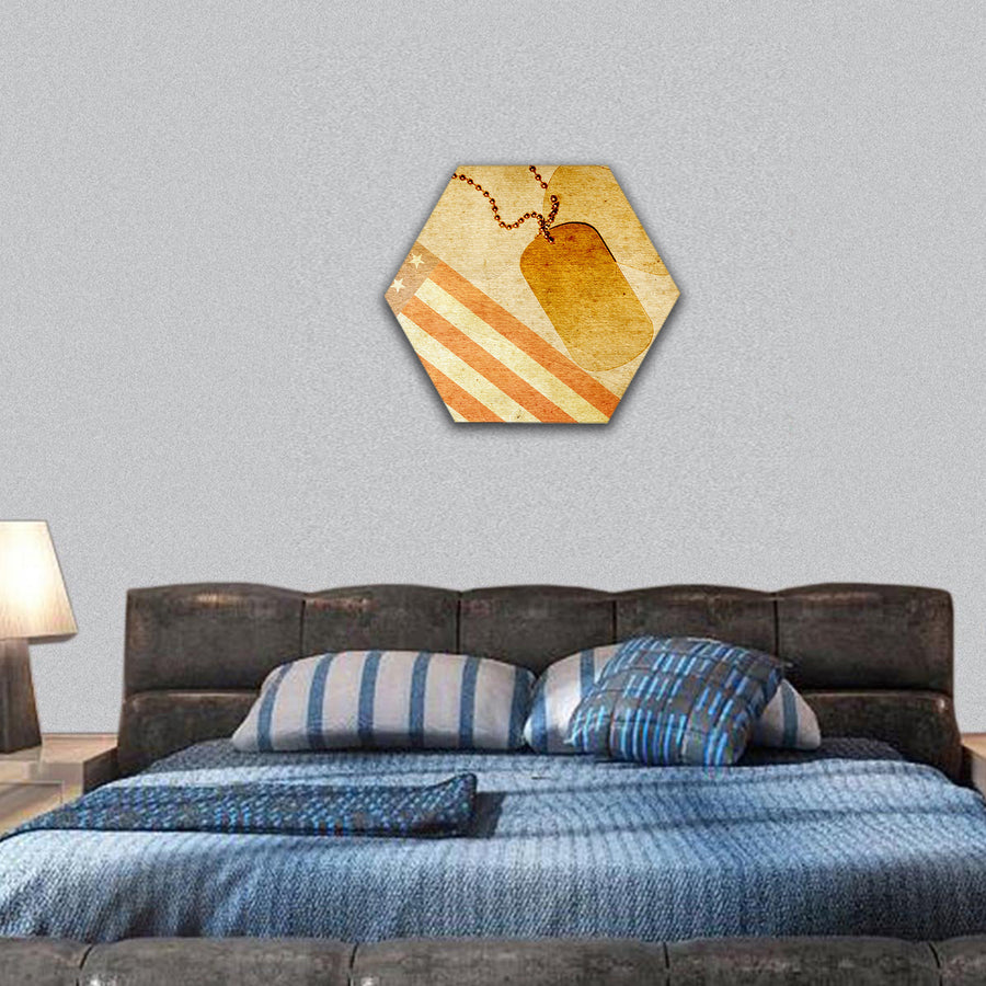 Vintage USA flag and ID tags hexagonal canvas wall art