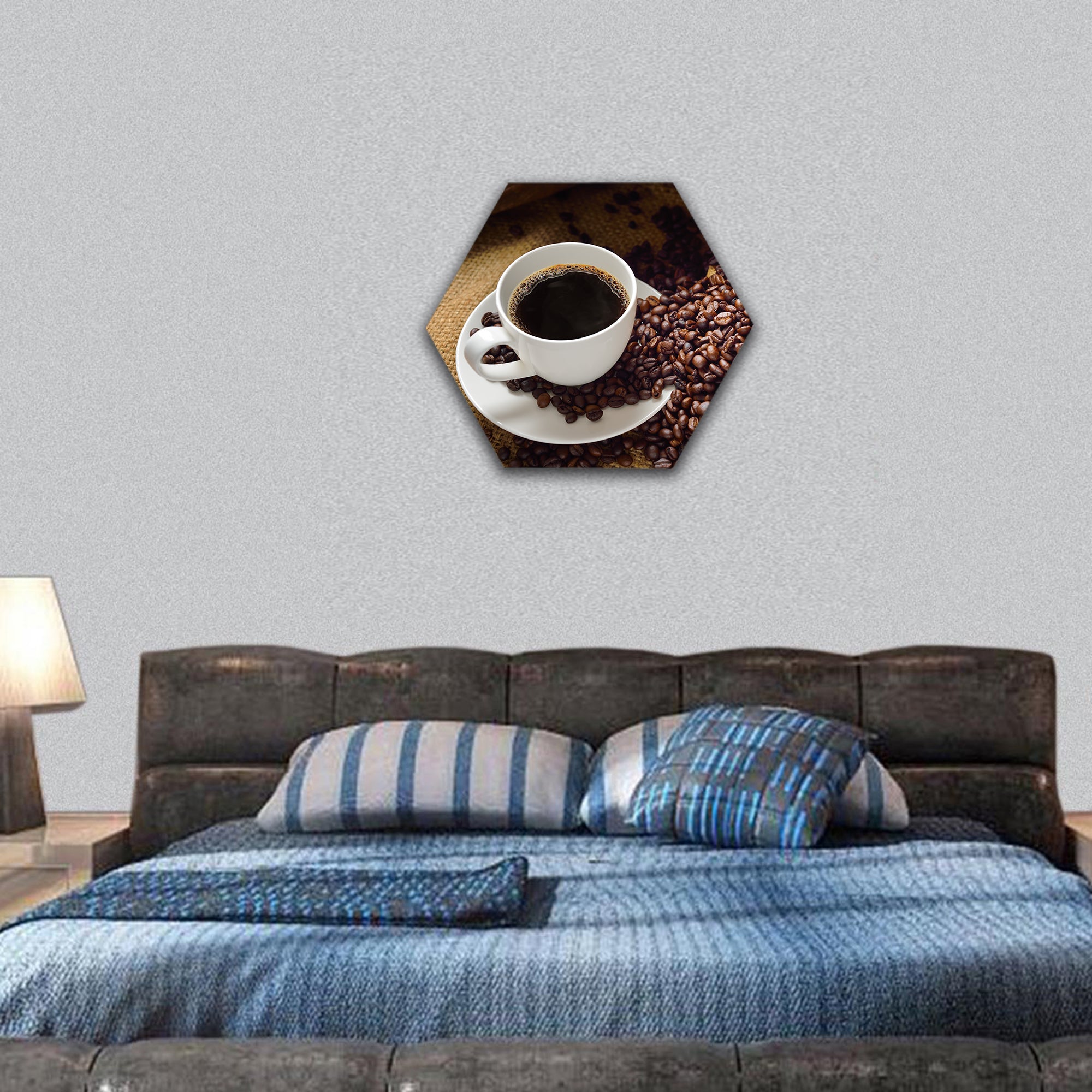 Coffee cup and coffee beans hexagonal canvas wall art