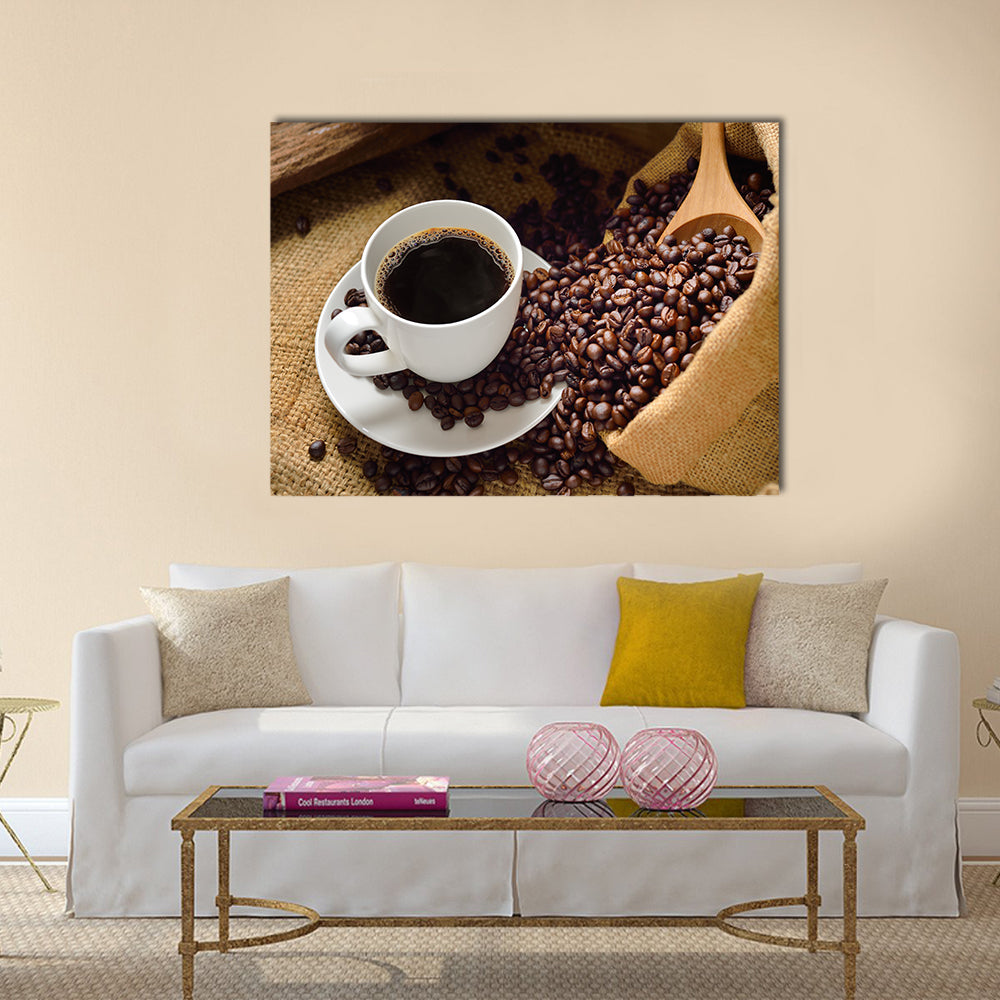 Coffee cup and coffee beans Multi Panel Canvas Wall Art