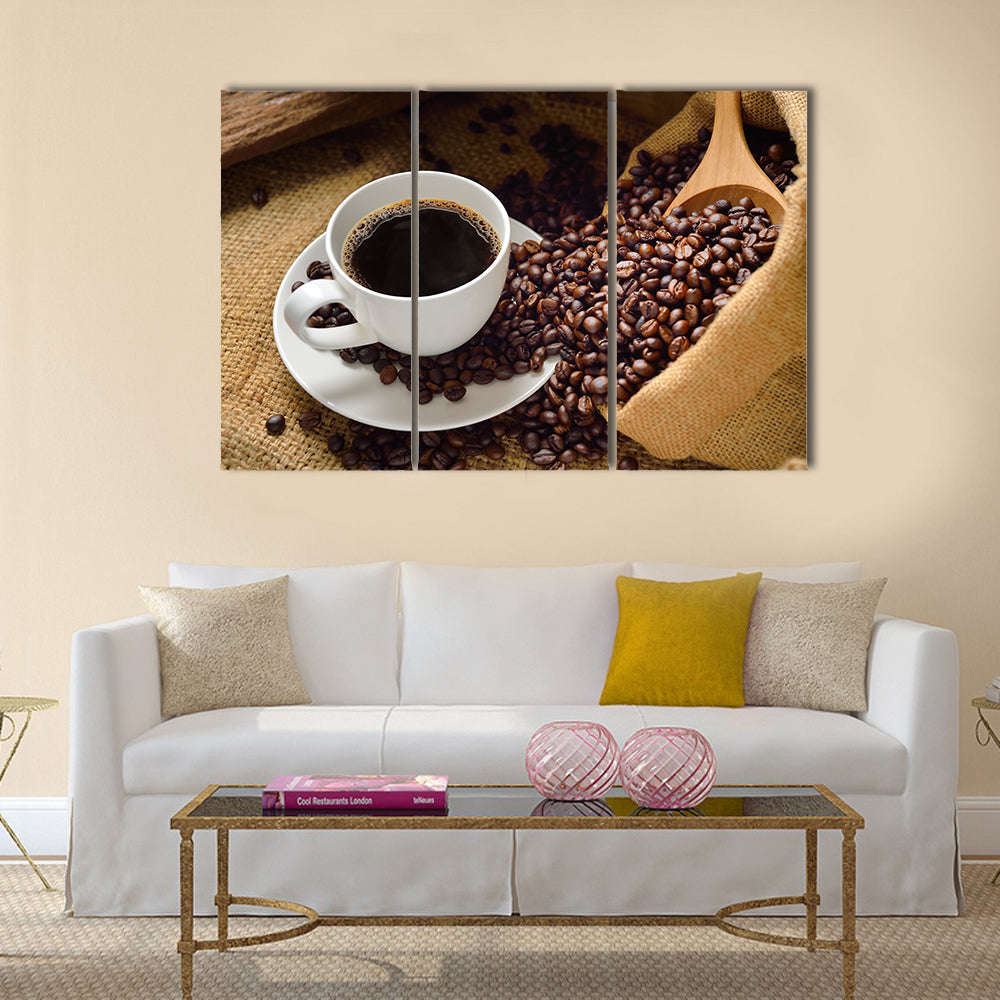 Coffee cup and coffee beans Multi Panel Canvas Wall Art