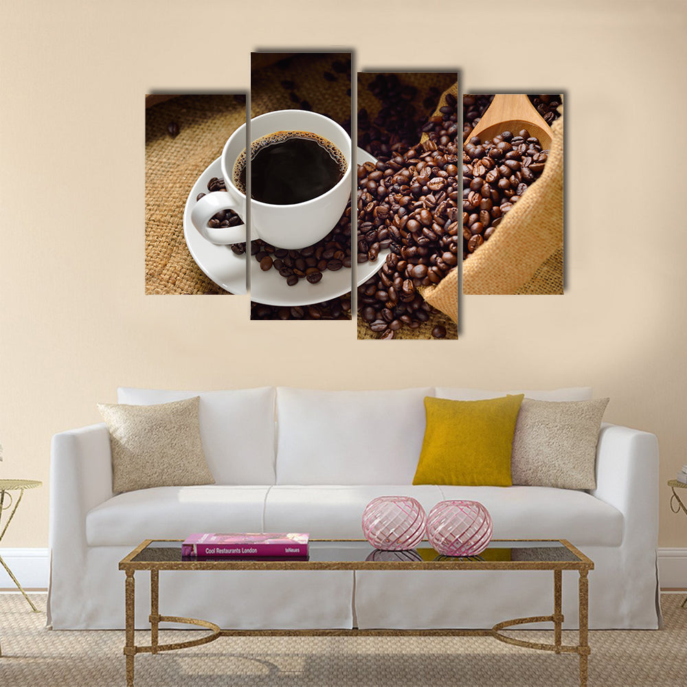 Coffee cup and coffee beans Multi Panel Canvas Wall Art