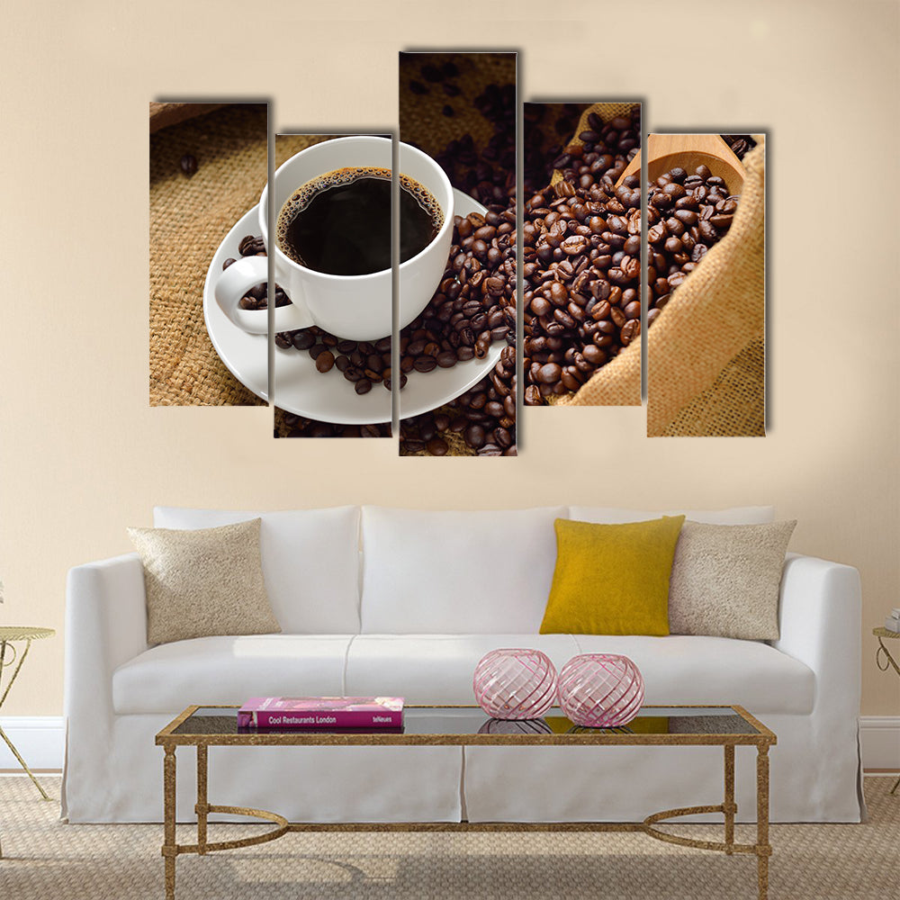 Coffee cup and coffee beans Multi Panel Canvas Wall Art