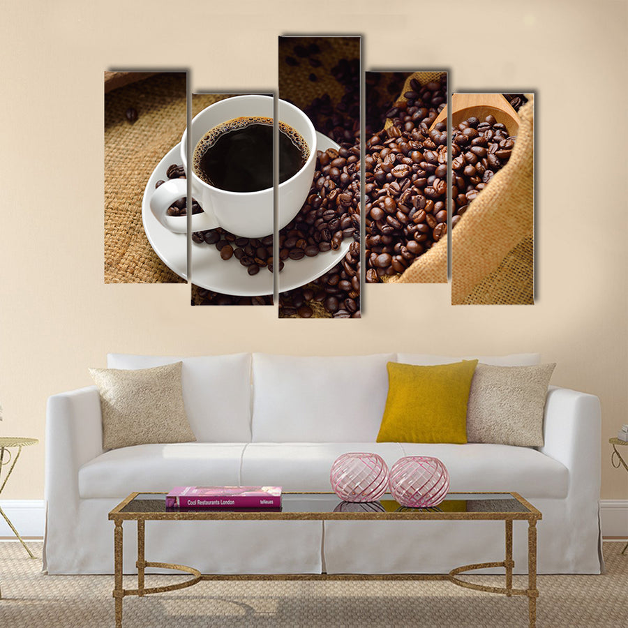 Coffee cup and coffee beans Multi Panel Canvas Wall Art