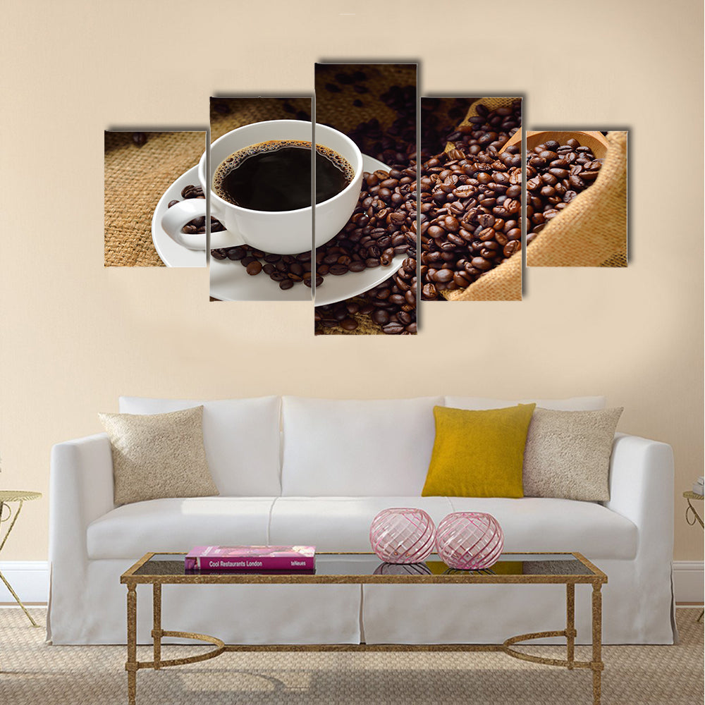 Coffee cup and coffee beans Multi Panel Canvas Wall Art
