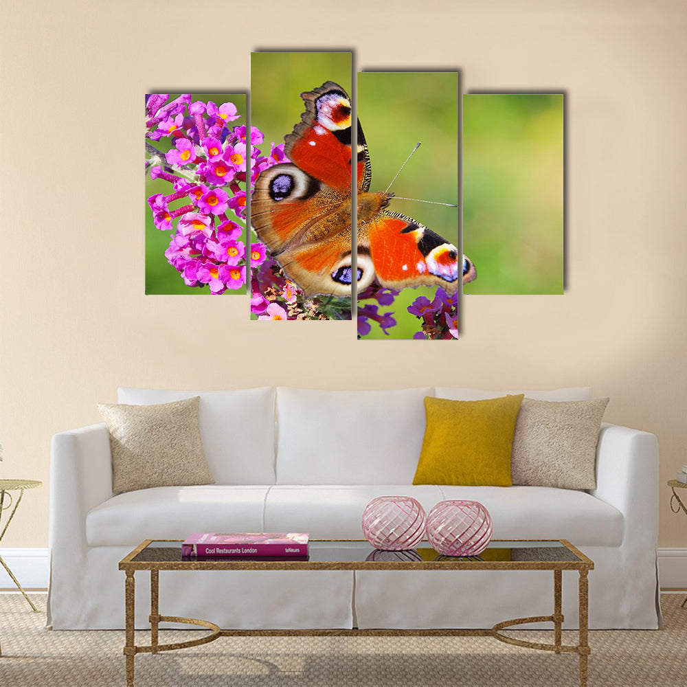 Summer Lilac with European peacock Multi Panel Canvas Wall Art