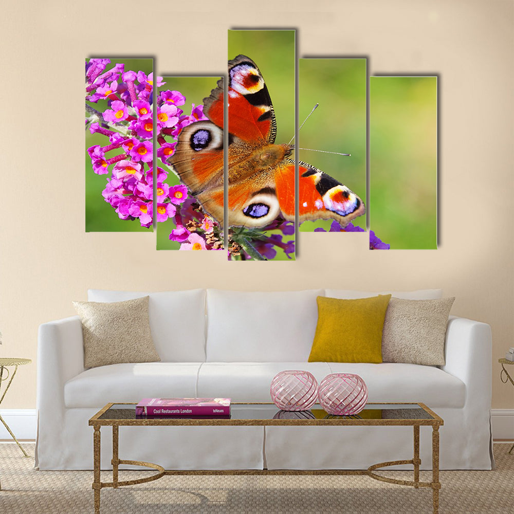 Summer Lilac with European peacock Multi Panel Canvas Wall Art