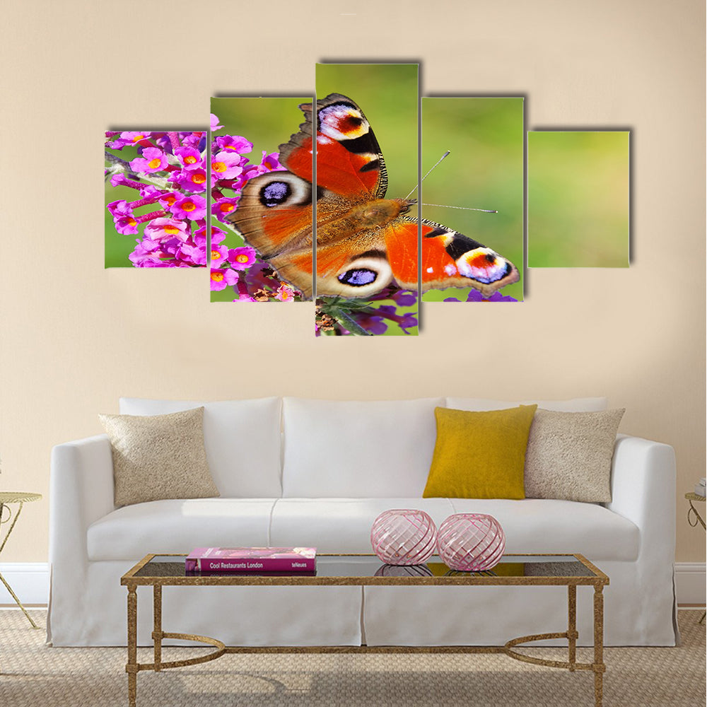 Summer Lilac with European peacock Multi Panel Canvas Wall Art