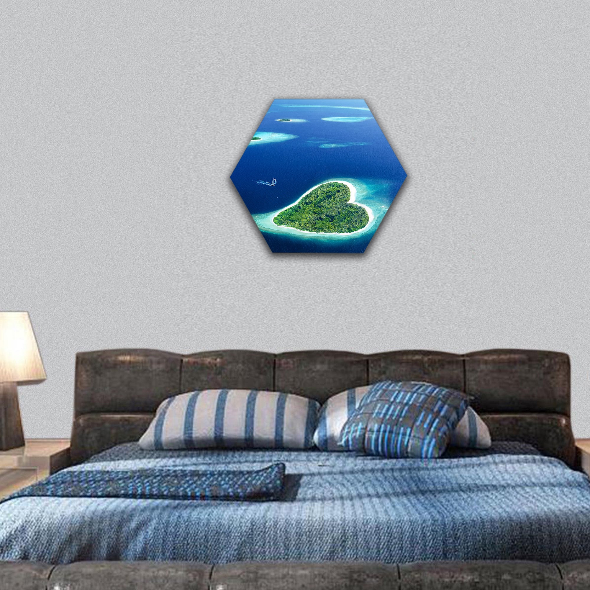 Maldivian island in the shape of heart hexagonal canvas wall art