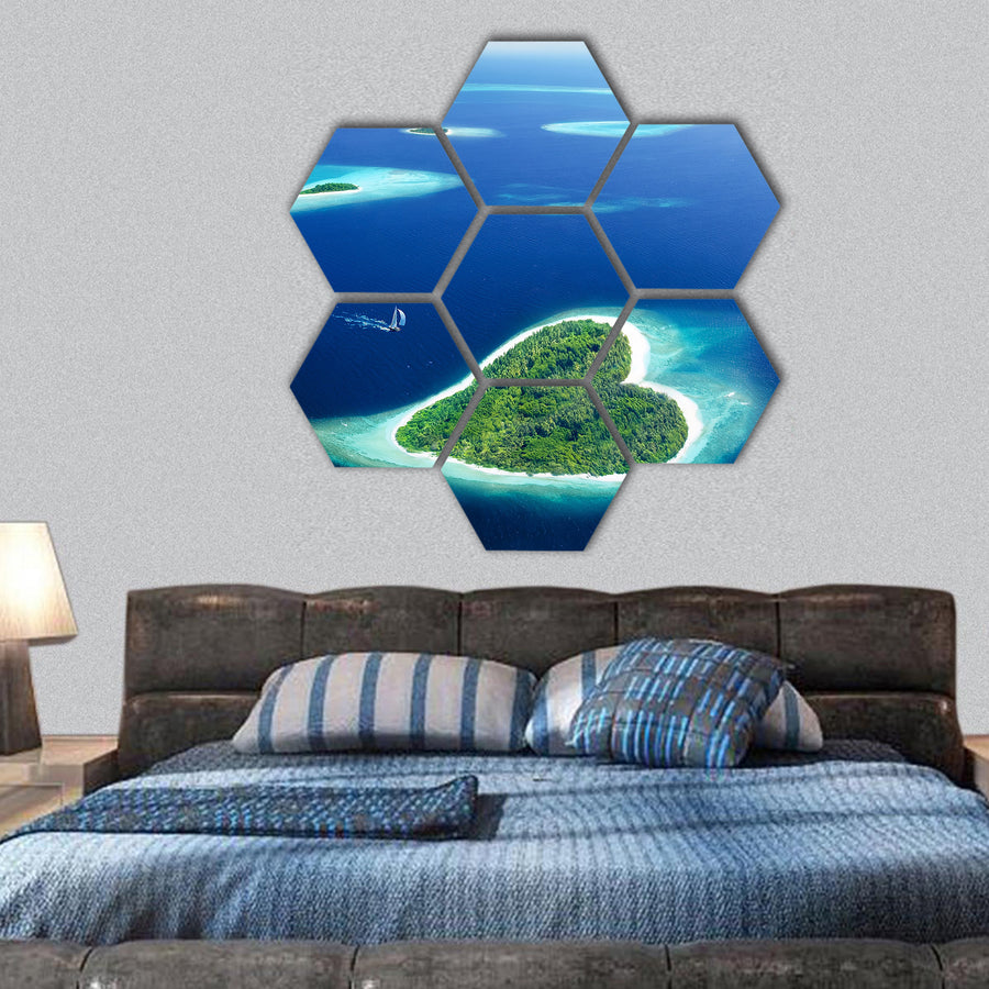 Maldivian island in the shape of heart hexagonal canvas wall art