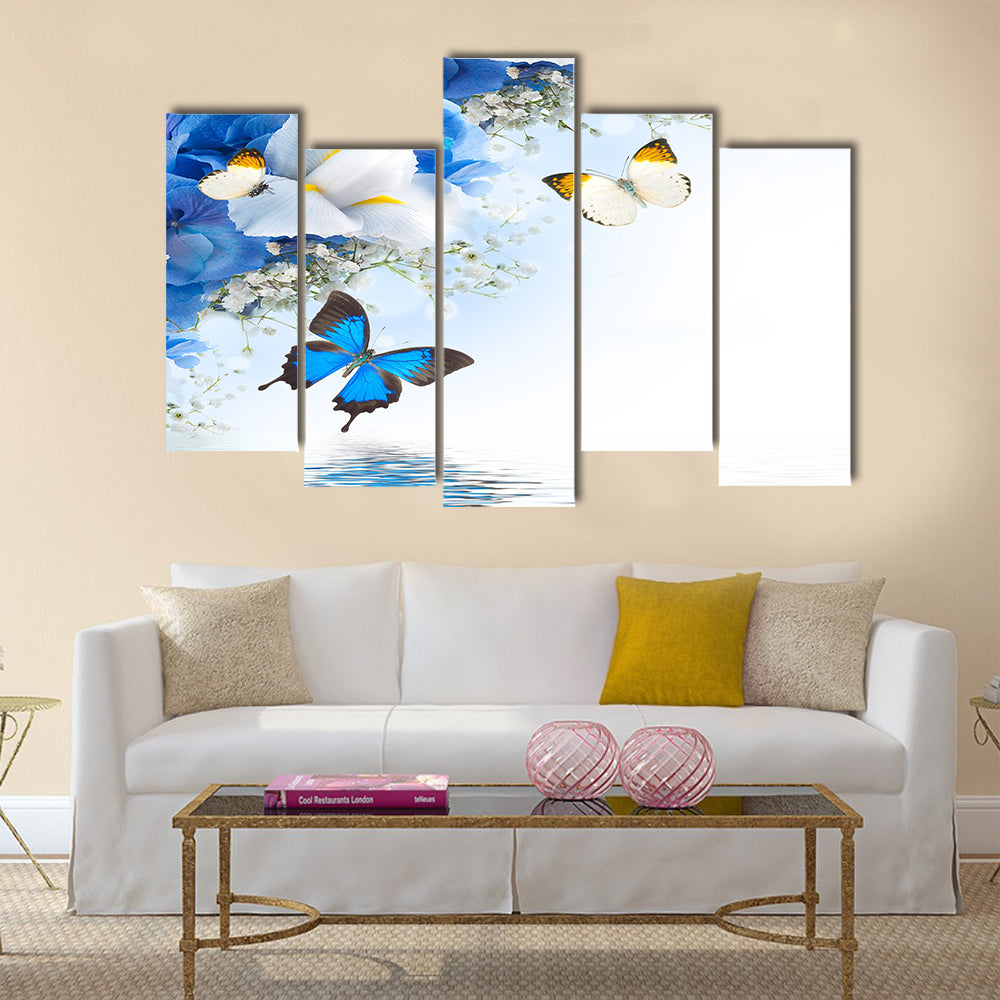 Flowers and butterfly, blue hydrangeas and white irises Multi Panel Canvas Wall Art