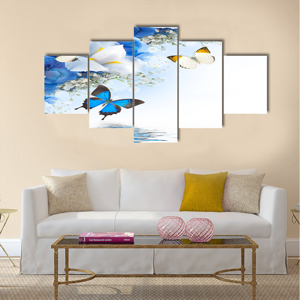 Flowers and butterfly, blue hydrangeas and white irises Multi Panel Canvas Wall Art