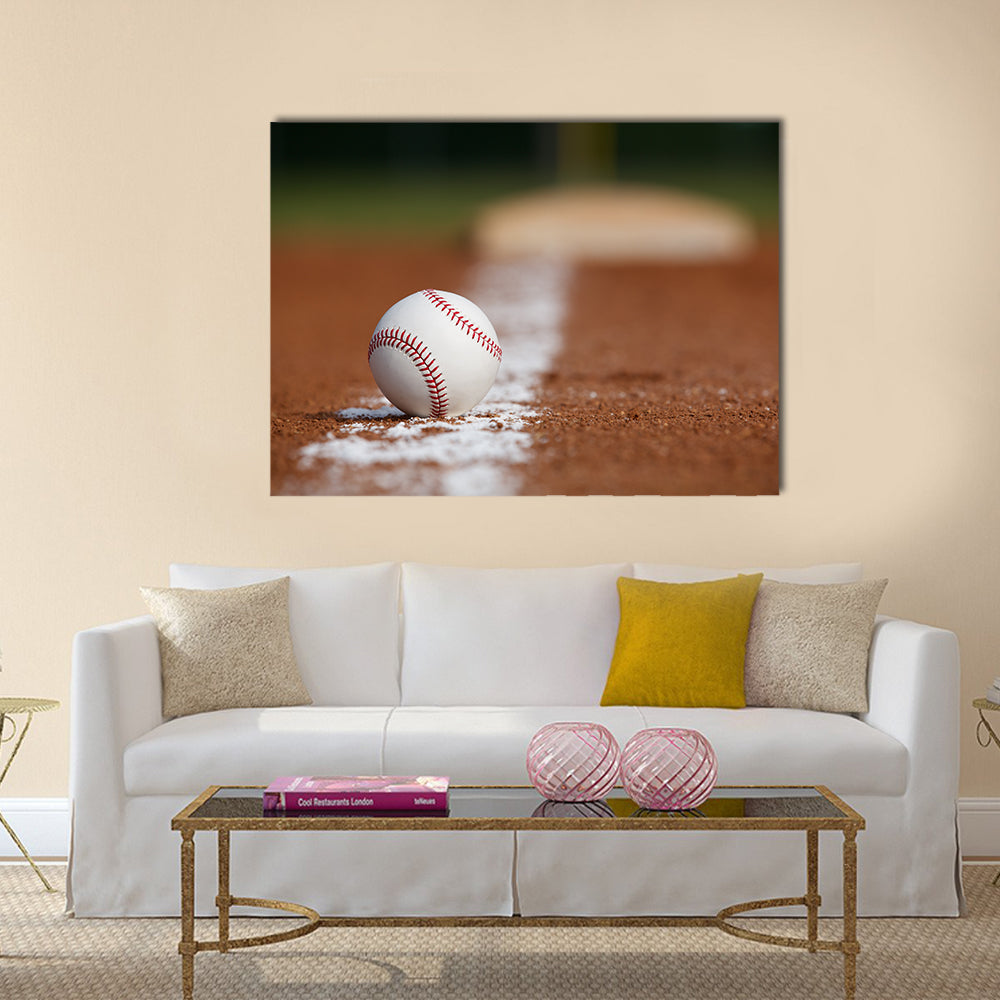 Baseball on the Infield Chalk Line with the Base in the distance Multi panel canvas wall art