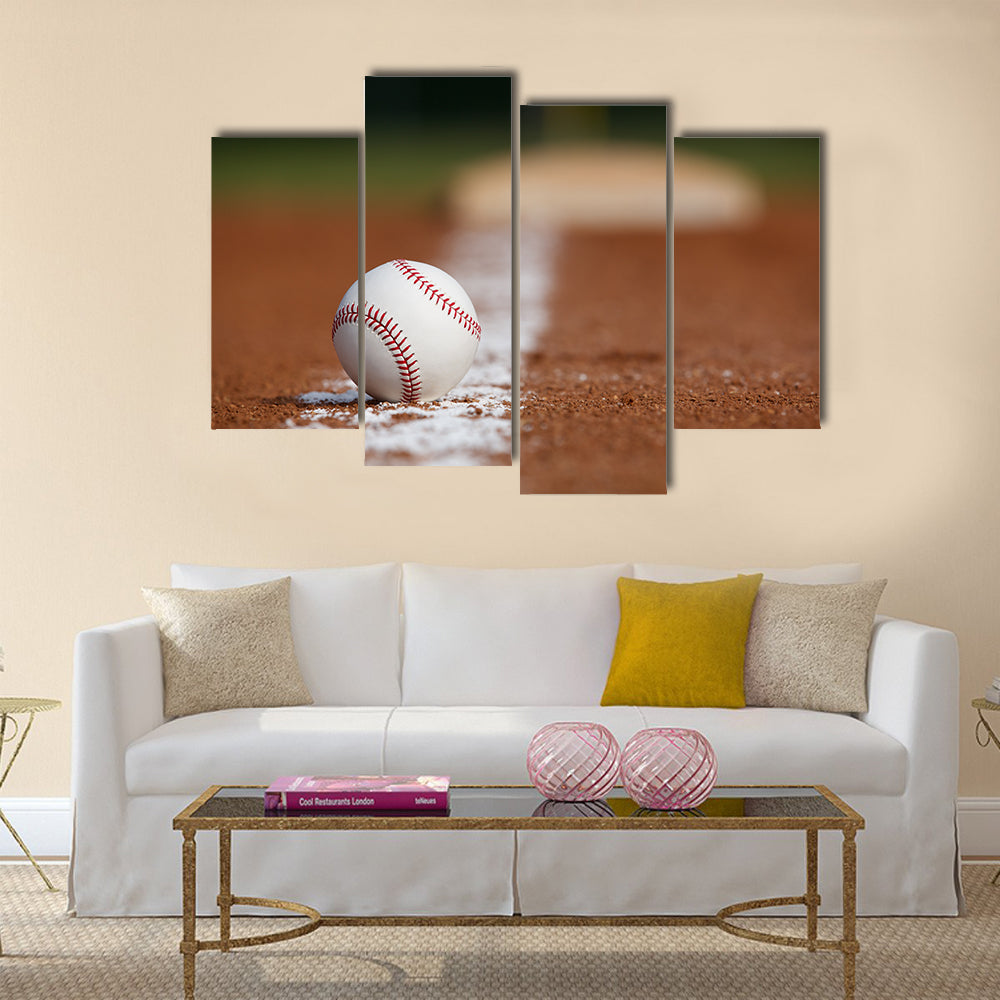 Baseball on the Infield Chalk Line with the Base in the distance Multi panel canvas wall art