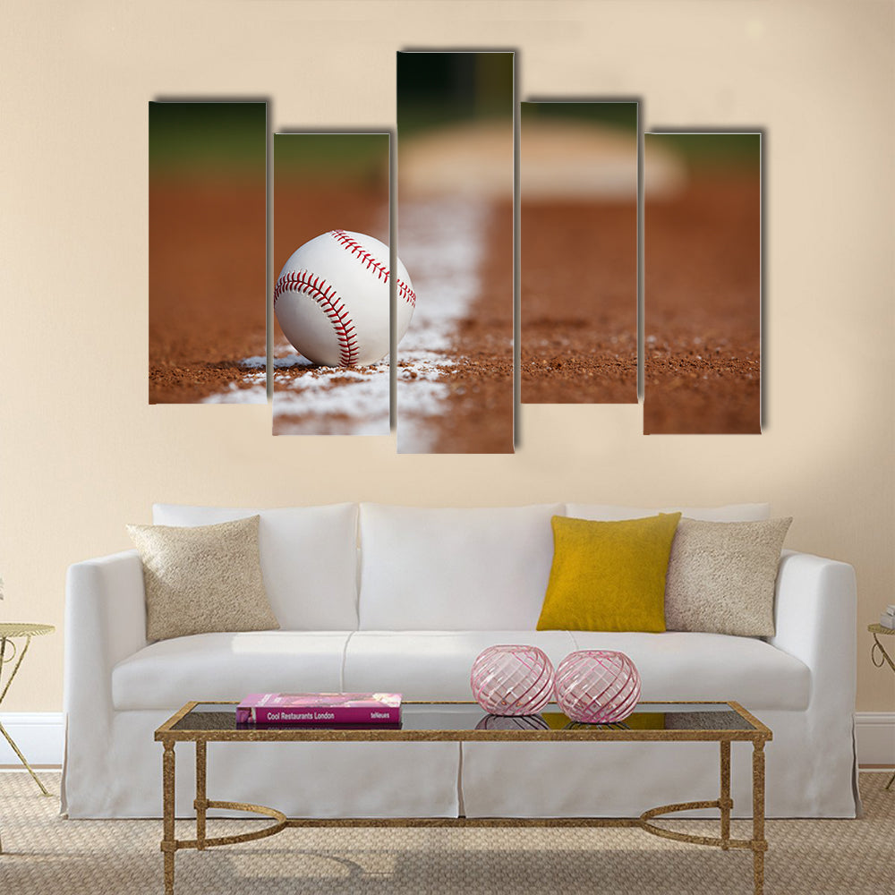 Baseball on the Infield Chalk Line with the Base in the distance Multi panel canvas wall art
