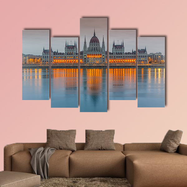 Parliament building at dusk, Budapest multi panel canvas wall art