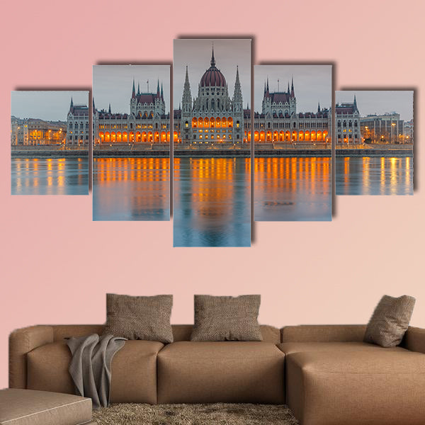 Parliament building at dusk, Budapest multi panel canvas wall art