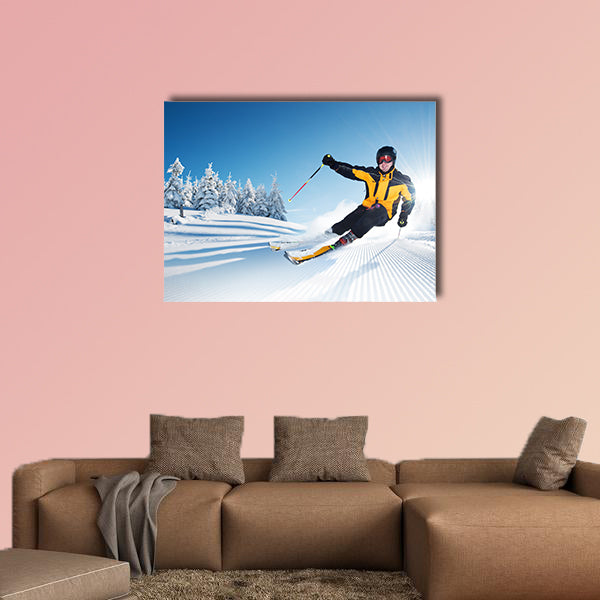 Skier in mountains, prepared piste and sunny day Multi panel canvas wall art