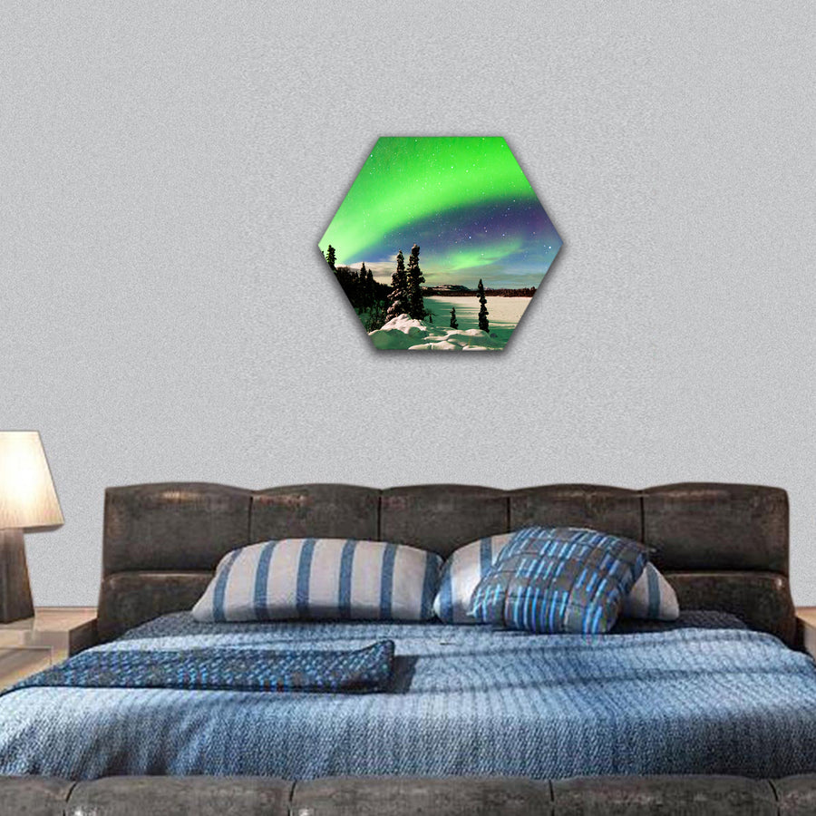 polar lights forming green arc over snowy winter landscape hexagonal canvas wall art