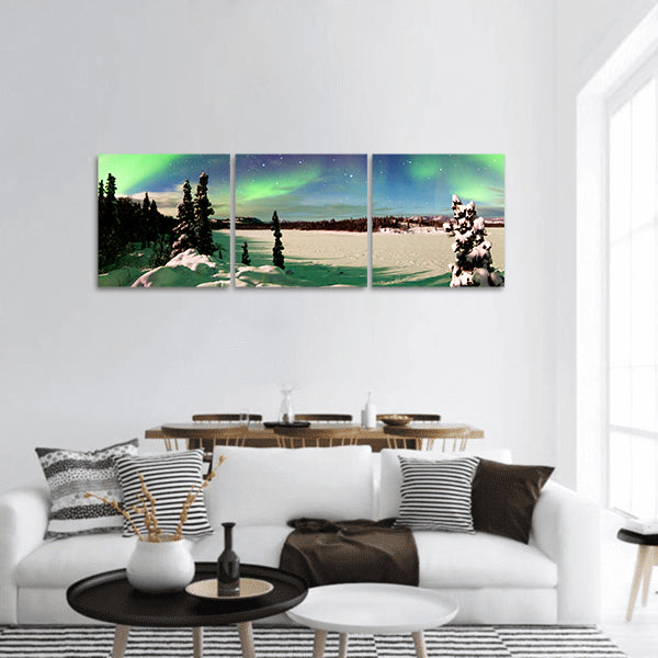 Polar lights forming green arc over snowy winter landscape panoramic canvas wall art