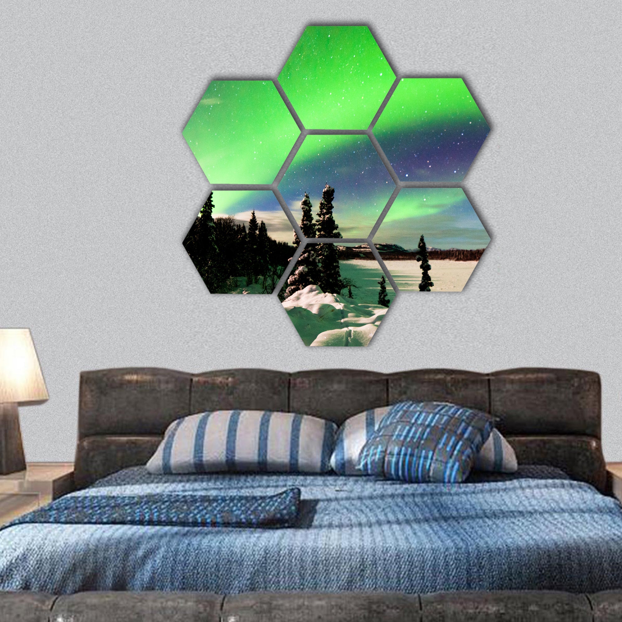 polar lights forming green arc over snowy winter landscape hexagonal canvas wall art