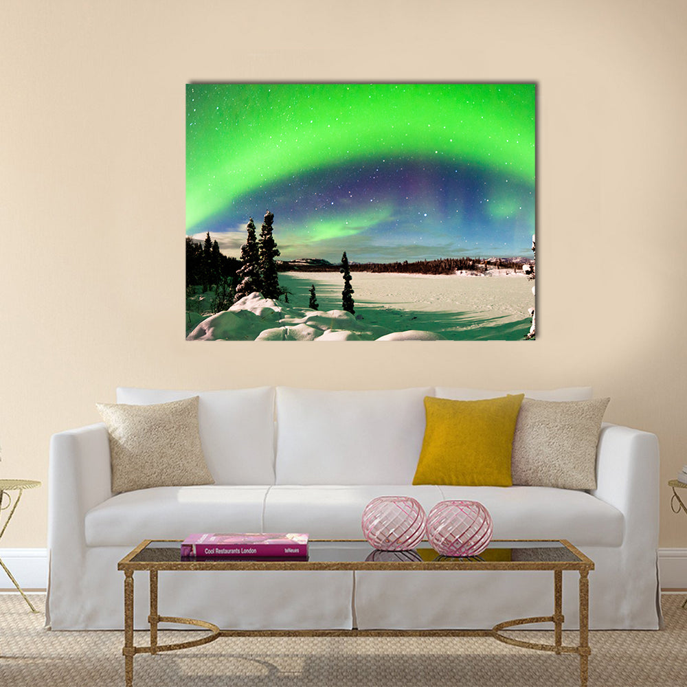 Spectacular display of intense Northern Lights or Aurora snowy winter landscape Multi panel canvas wall art