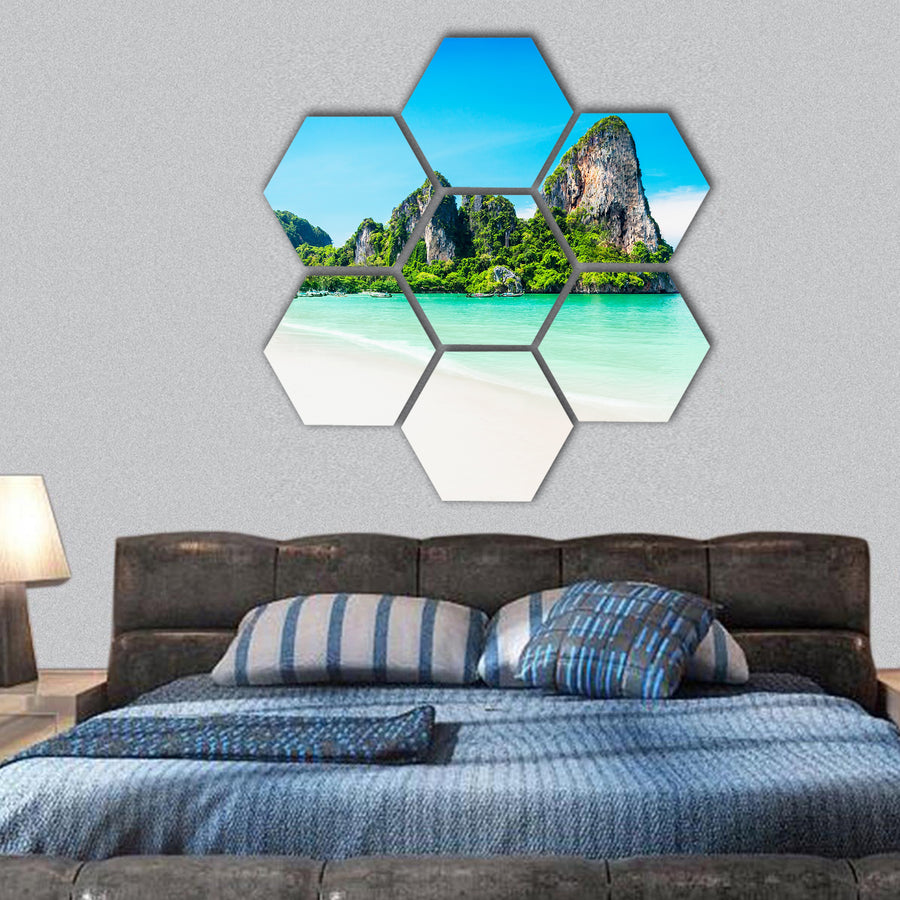 Beauty beach and limestone rocks hexagonal canvas wall art
