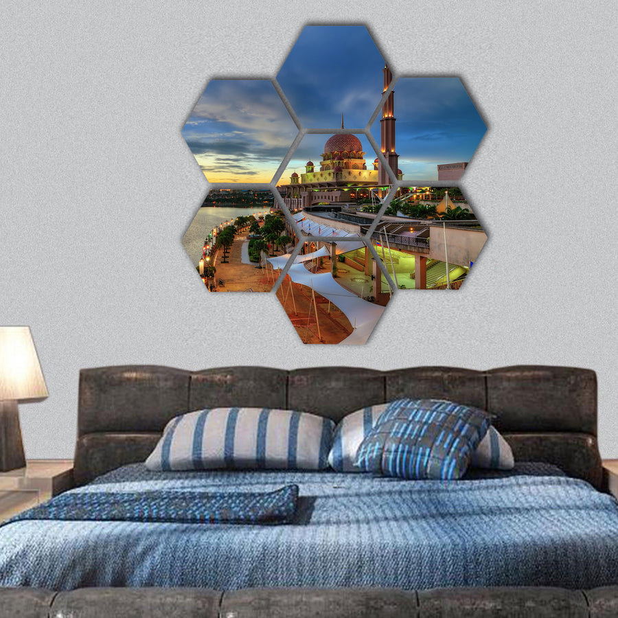 Putra Mosque in Malaysia at dusk hexagonal canvas wall art