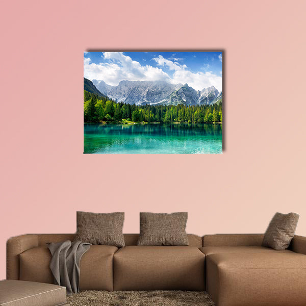 Beautiful landscape with turquoise lake, forest and mountains Multi panel canvas wall art