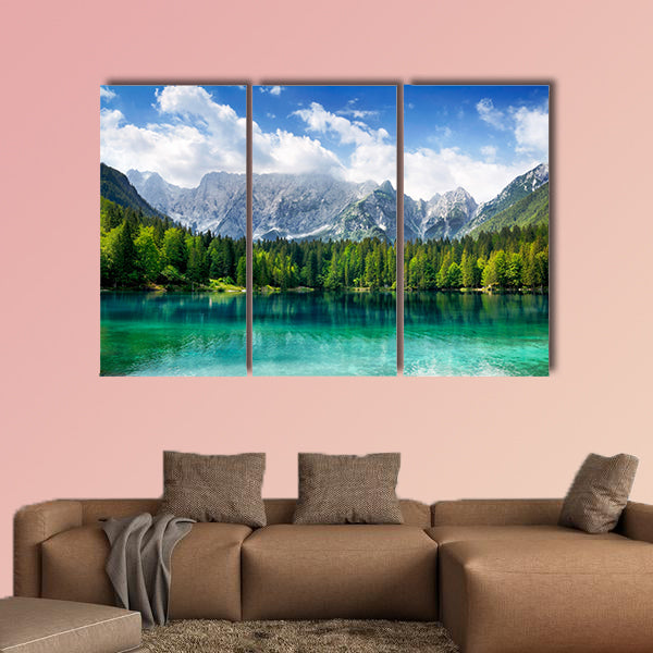 Beautiful landscape with turquoise lake, forest and mountains Multi panel canvas wall art