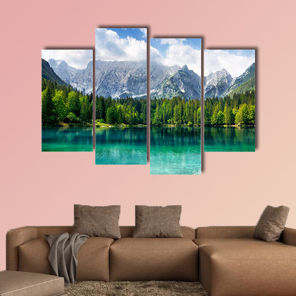 Beautiful landscape with turquoise lake, forest and mountains Multi panel canvas wall art