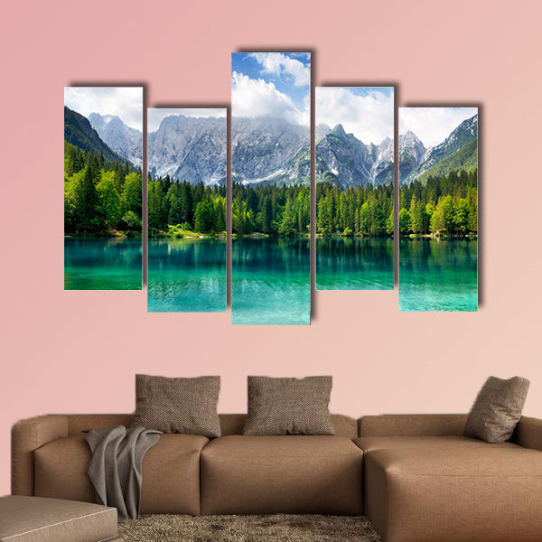 Beautiful landscape with turquoise lake, forest and mountains Multi panel canvas wall art