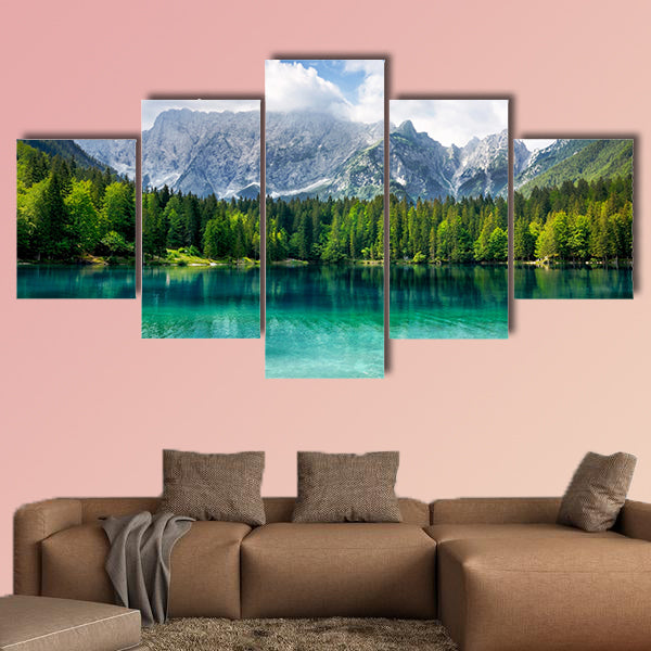Beautiful landscape with turquoise lake, forest and mountains Multi panel canvas wall art