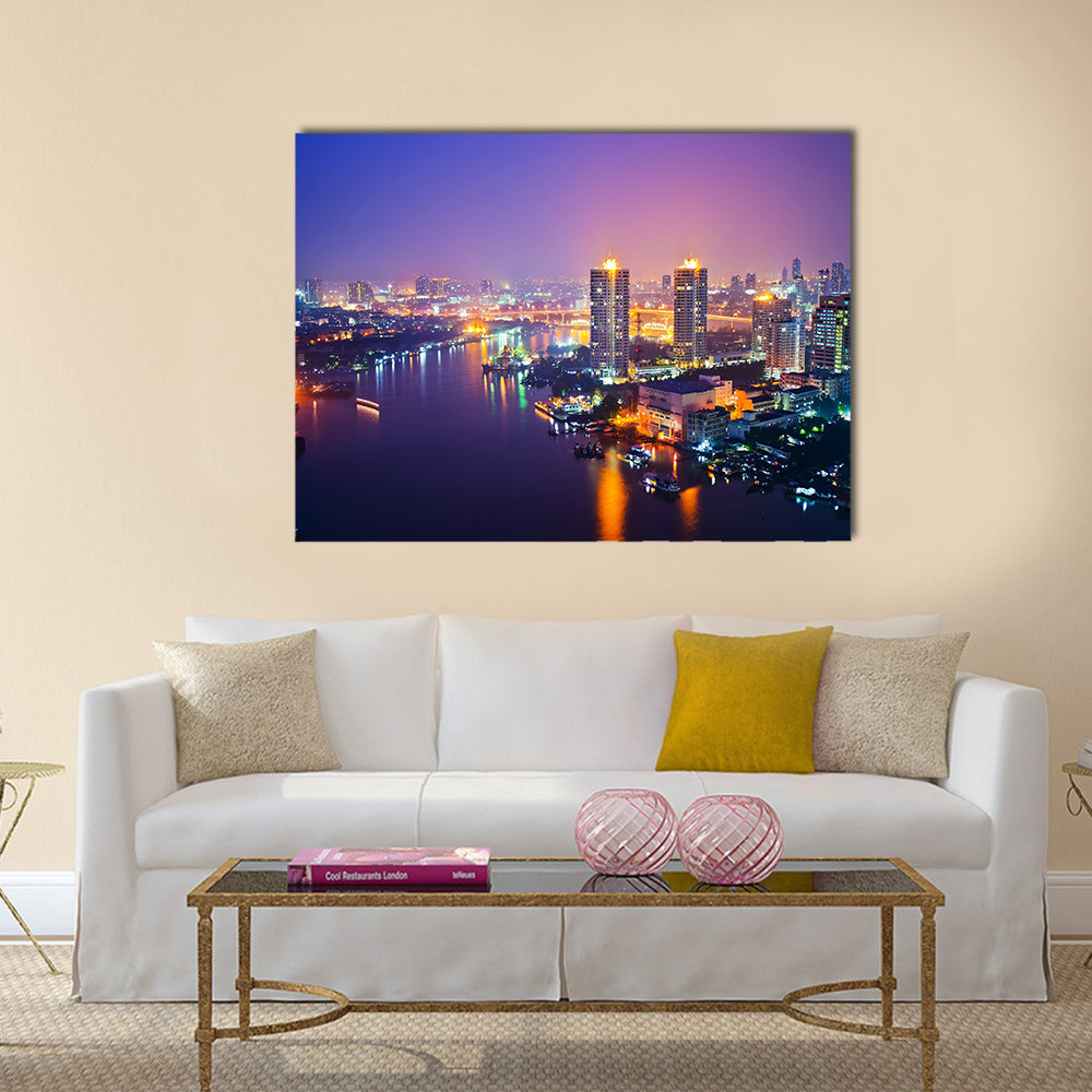 Panorama view of Bangkok city scape at nighttime multi panel canvas wall art