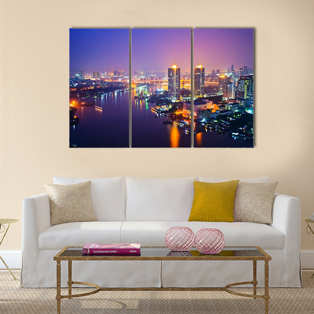 Panorama view of Bangkok city scape at nighttime multi panel canvas wall art