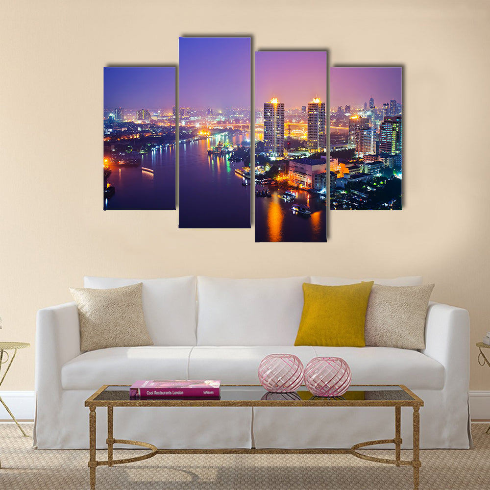 Panorama view of Bangkok city scape at nighttime multi panel canvas wall art