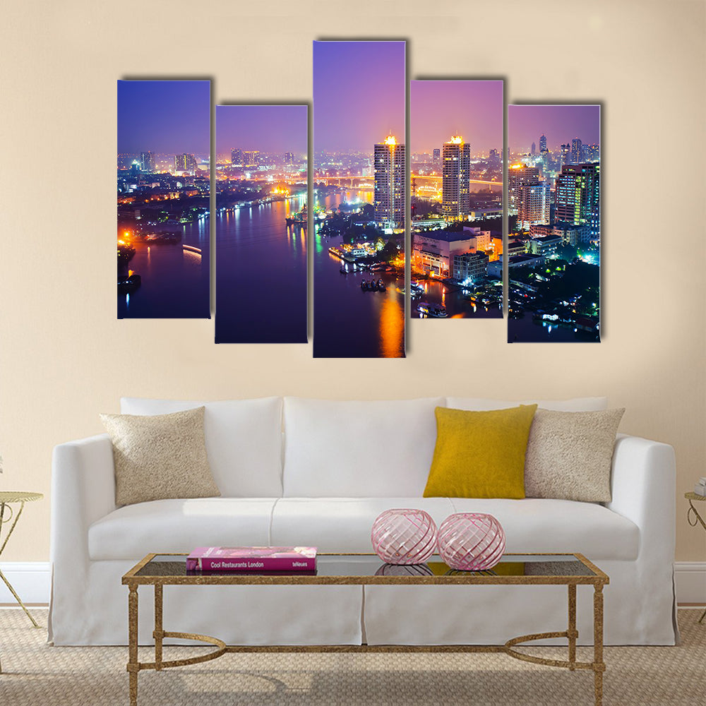 Panorama view of Bangkok city scape at nighttime multi panel canvas wall art