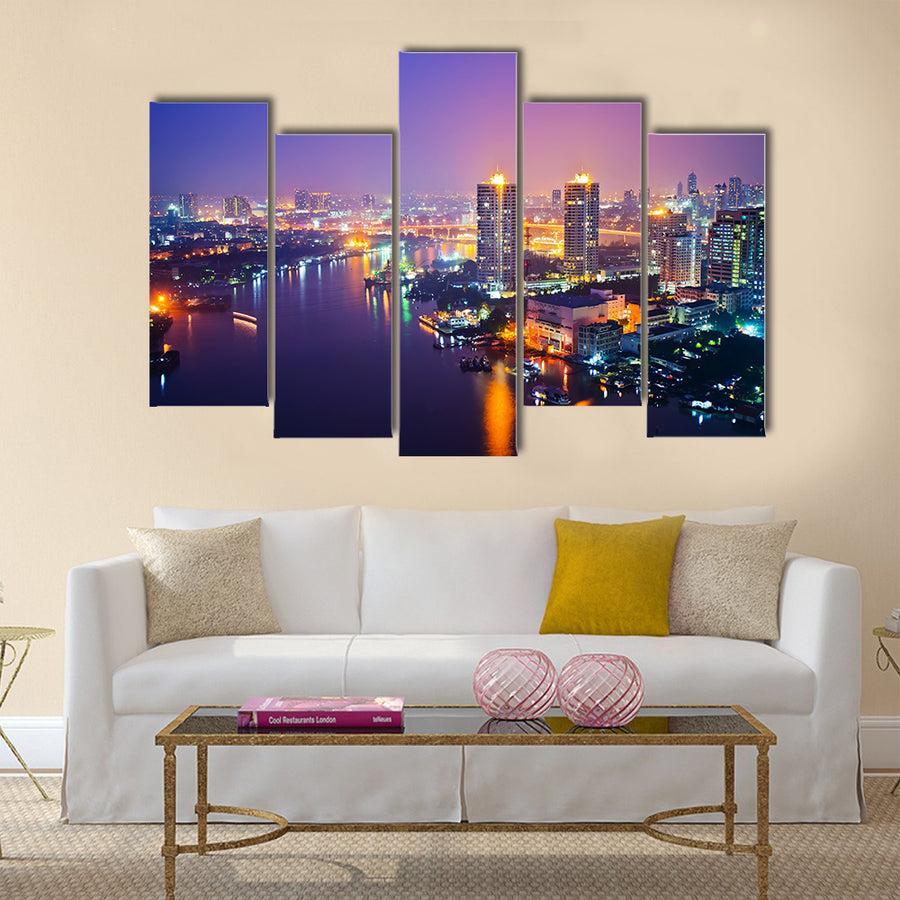 Panorama view of Bangkok city scape at nighttime multi panel canvas wall art