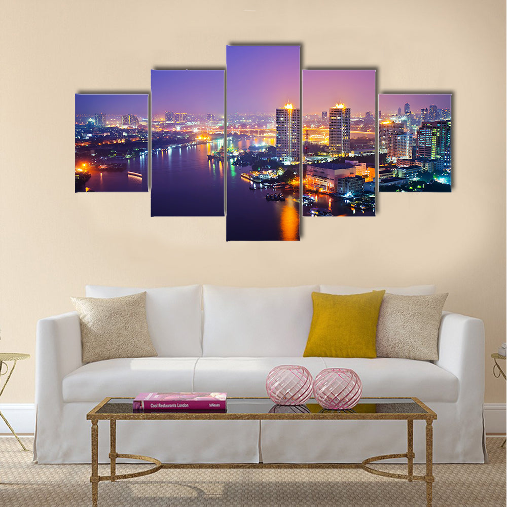 Panorama view of Bangkok city scape at nighttime multi panel canvas wall art