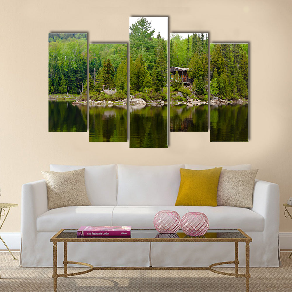 cabin hut house by the lake of sacacomie Multi panel canvas wall art
