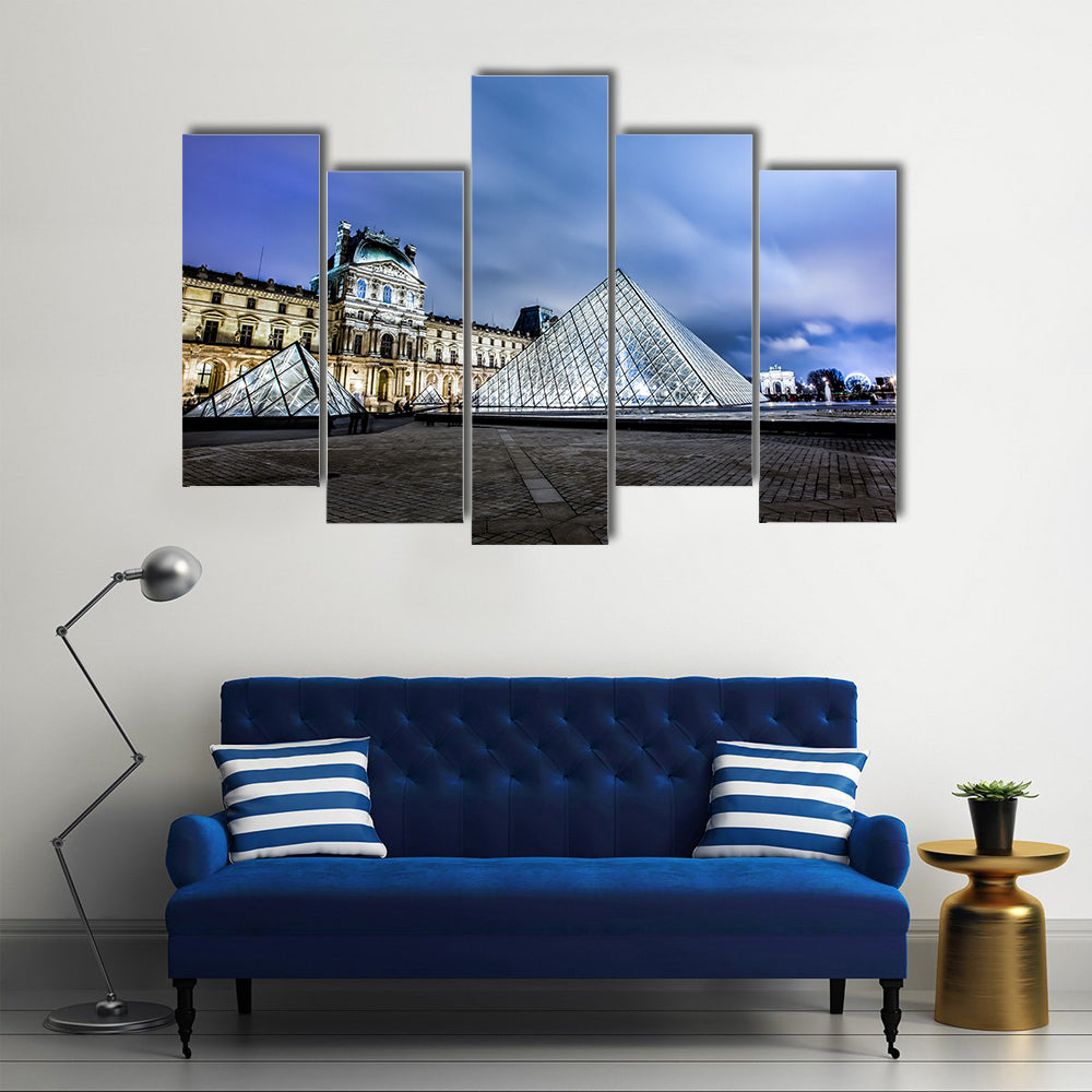 Louvre Museum and Pyramid at night Multi Panel Canvas Wall Art