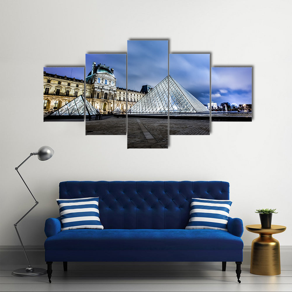 Louvre Museum and Pyramid at night Multi Panel Canvas Wall Art