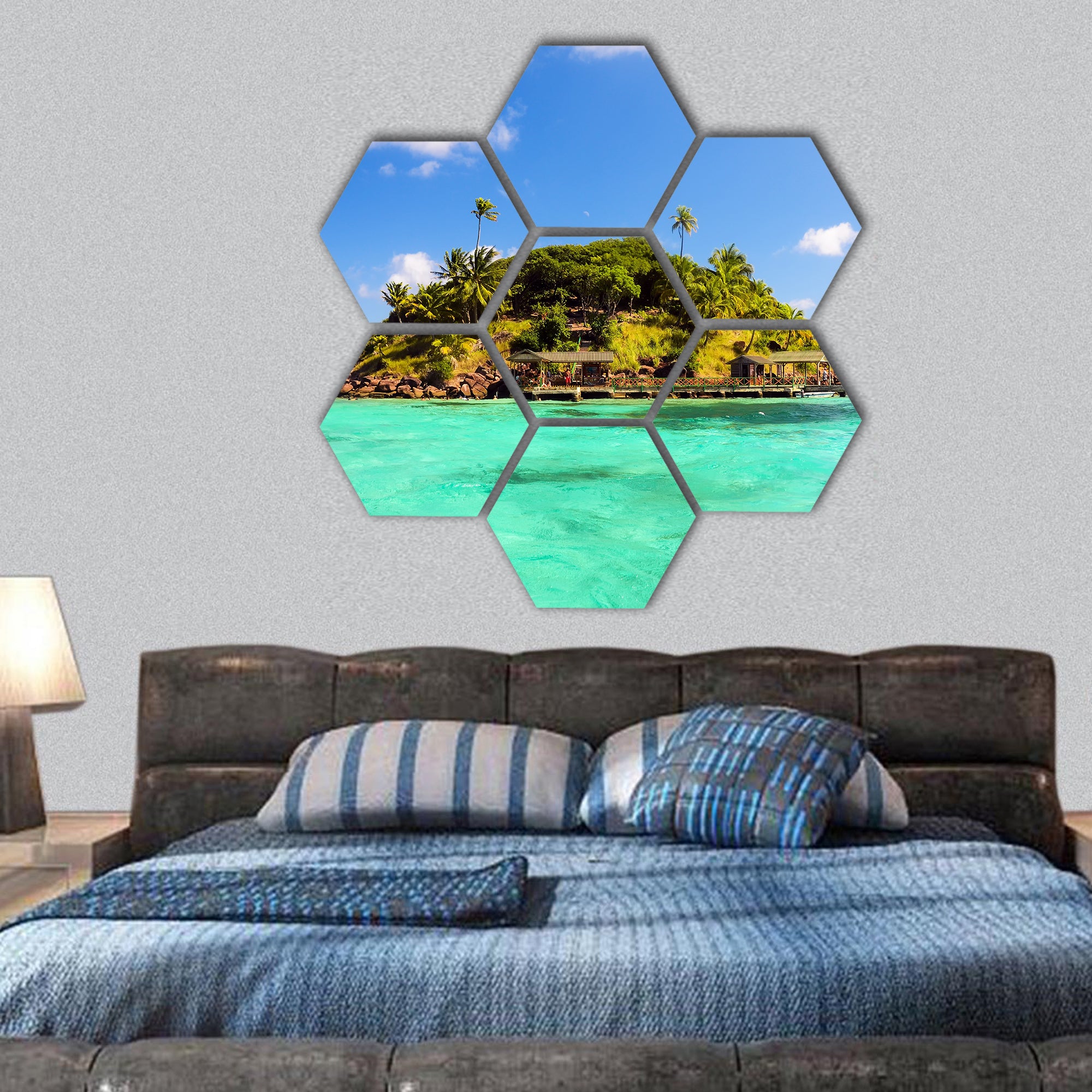 Lush tropical island ,turquoise Caribbean water hexagonal canvas wall art